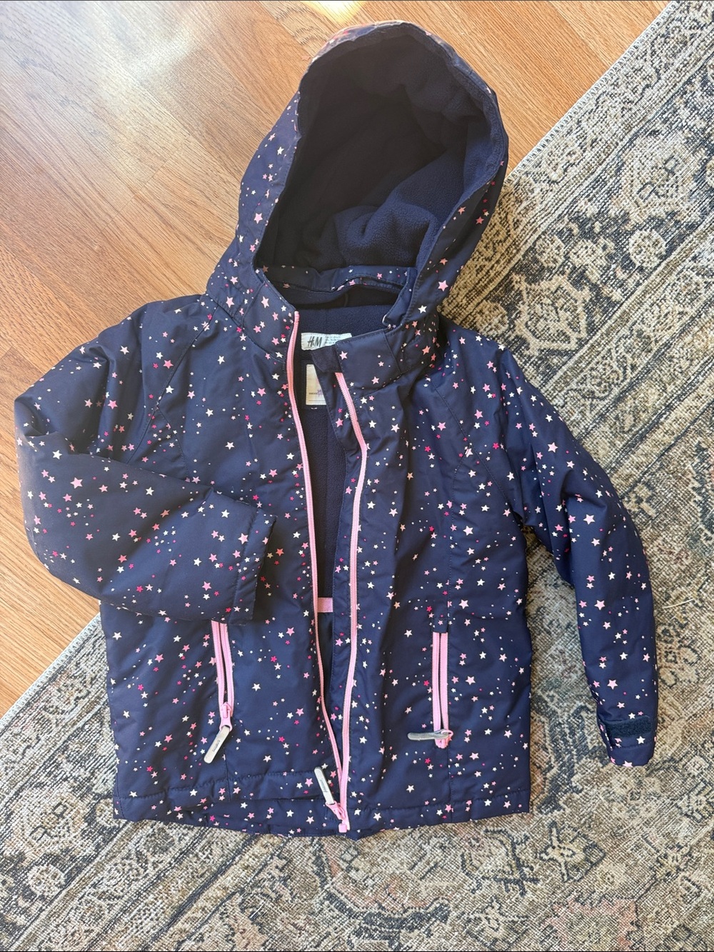 H&M Navy Raincoat with Pink Star Print and Pink Trim